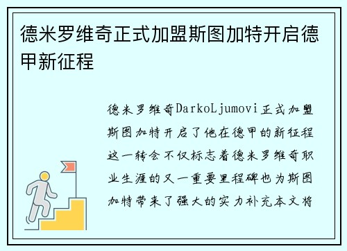 德米罗维奇正式加盟斯图加特开启德甲新征程