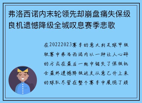 弗洛西诺内末轮领先却崩盘痛失保级良机遗憾降级全城叹息赛季悲歌